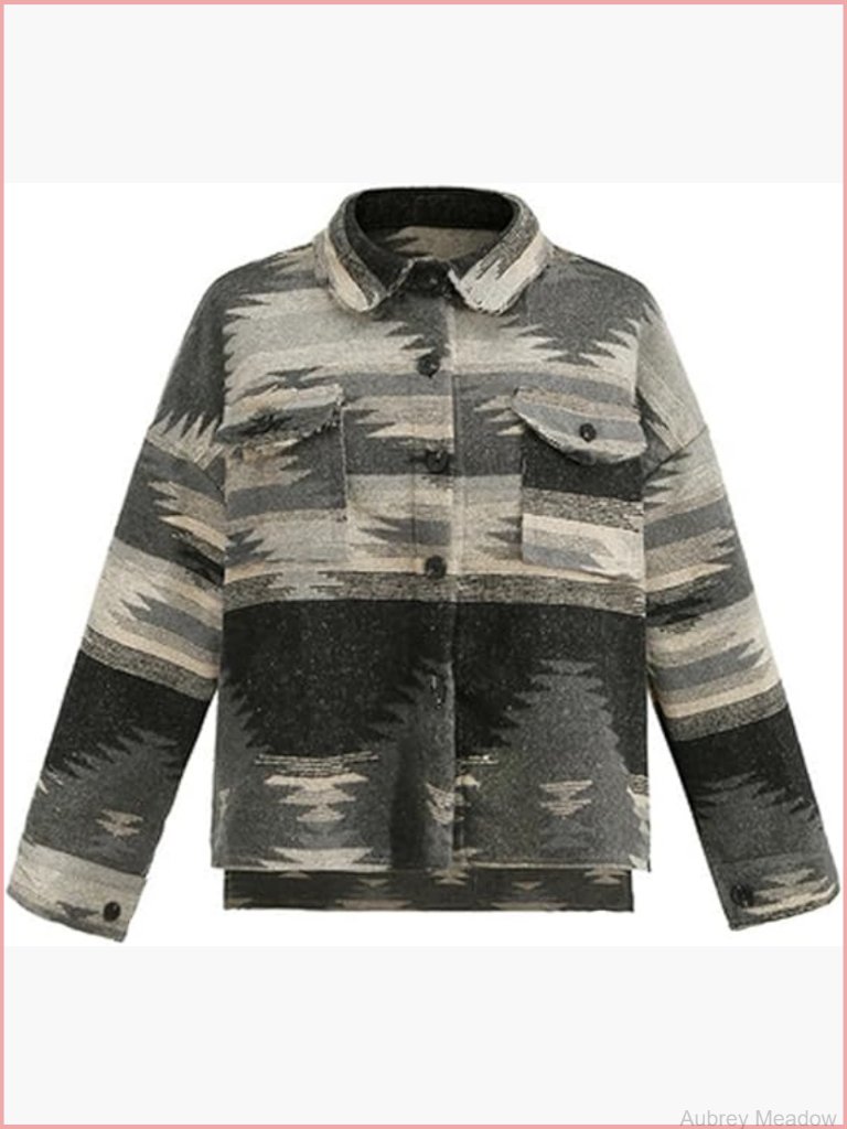 Vintage Aztec Print Loose Shacket Button Down Long Sleeve Woolen Jacket Coat